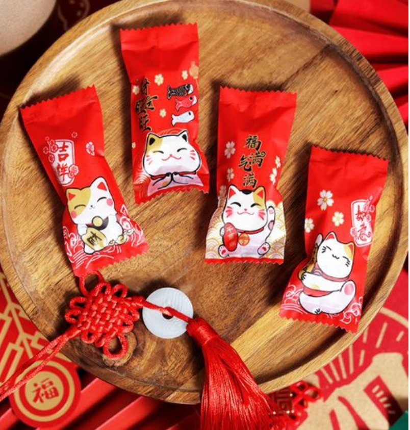 🇸🇬10/100pcs 暴富 CNY cookie box/sealer bag nougat wrapper pineapple tart packaging bag heat sealed plastic bags Fortune cat