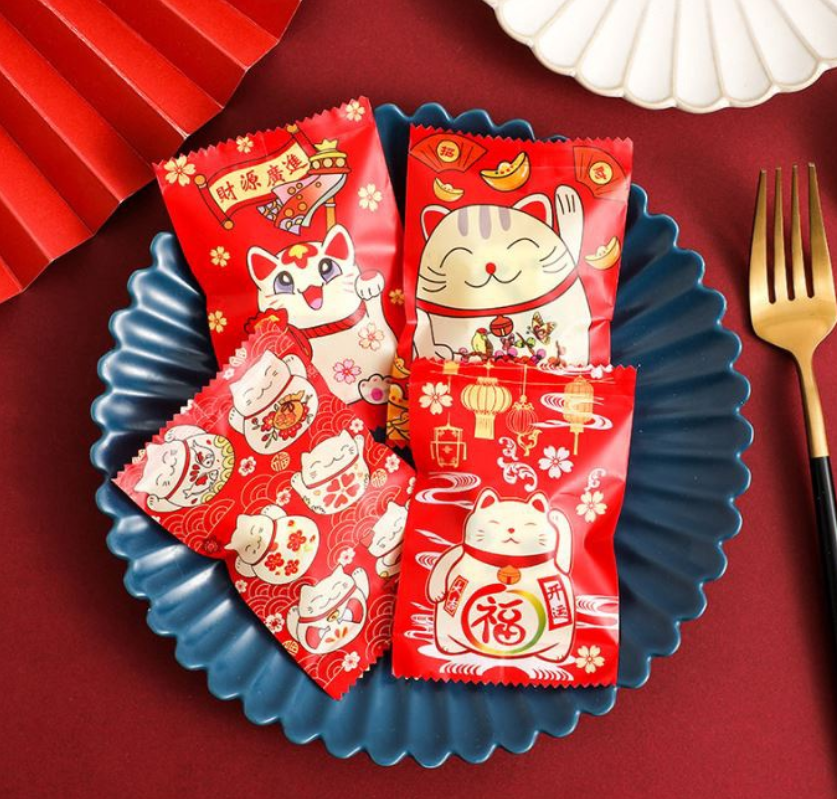 🇸🇬10/100pcs 暴富 CNY cookie box/sealer bag nougat wrapper pineapple tart packaging bag heat sealed plastic bags Fortune cat