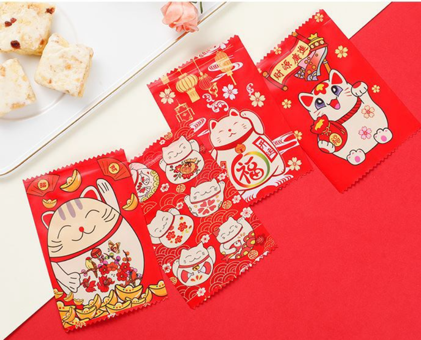 🇸🇬10/100pcs 暴富 CNY cookie box/sealer bag nougat wrapper pineapple tart packaging bag heat sealed plastic bags Fortune cat