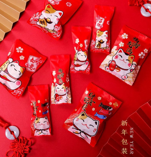 🇸🇬10/100pcs 暴富 CNY cookie box/sealer bag nougat wrapper pineapple tart packaging bag heat sealed plastic bags Fortune cat