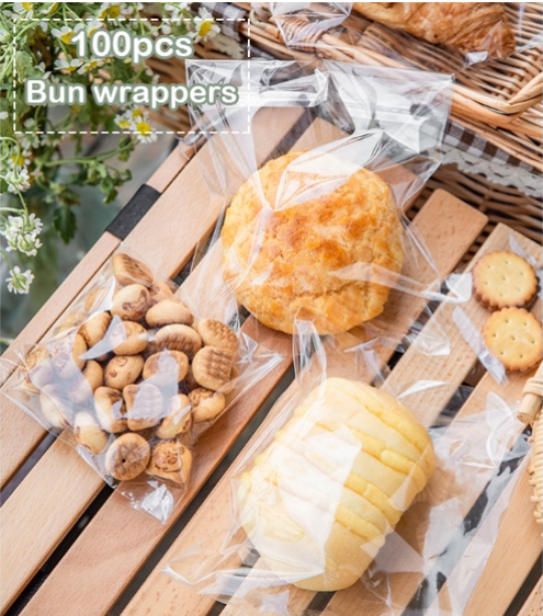 100pcs bun wrapper cookie bag bread storage bag plastic transparent bag adhesive wrappers