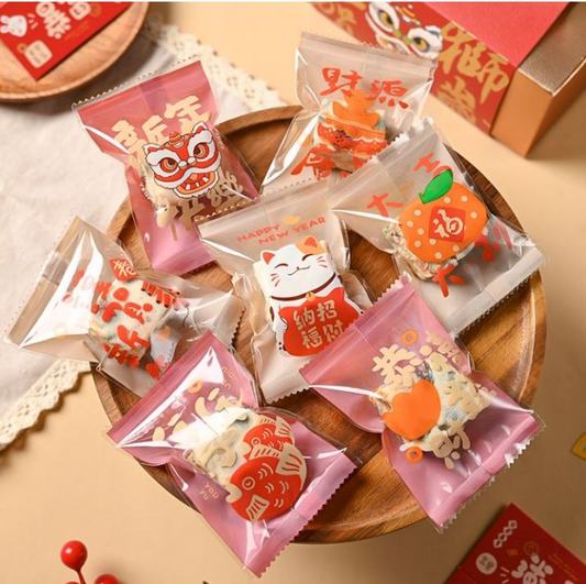 🇸🇬10/100pcs 暴富 CNY cookie box/sealer bag nougat wrapper pineapple tart packaging bag heat sealed plastic bags Fortune cat