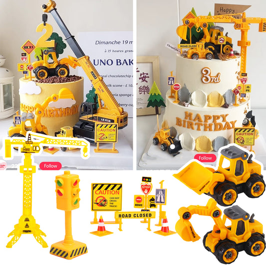 🔥Bulldozer excavator crane cake toppers toy figurine transport model car birthday topper