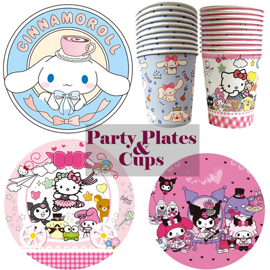 10pcs Sanrio Dessert Table Hello Kitty Party Plates Paper Cup Kuromi Cinnamoroll Party disposable plate