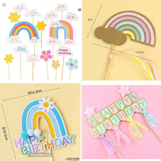 Rainbow topper happy birthday blue pink cake topper with ribbon cake decoration