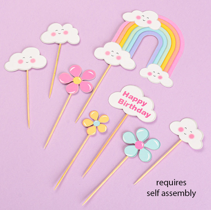 Rainbow topper happy birthday blue pink cake topper with ribbon cake decoration