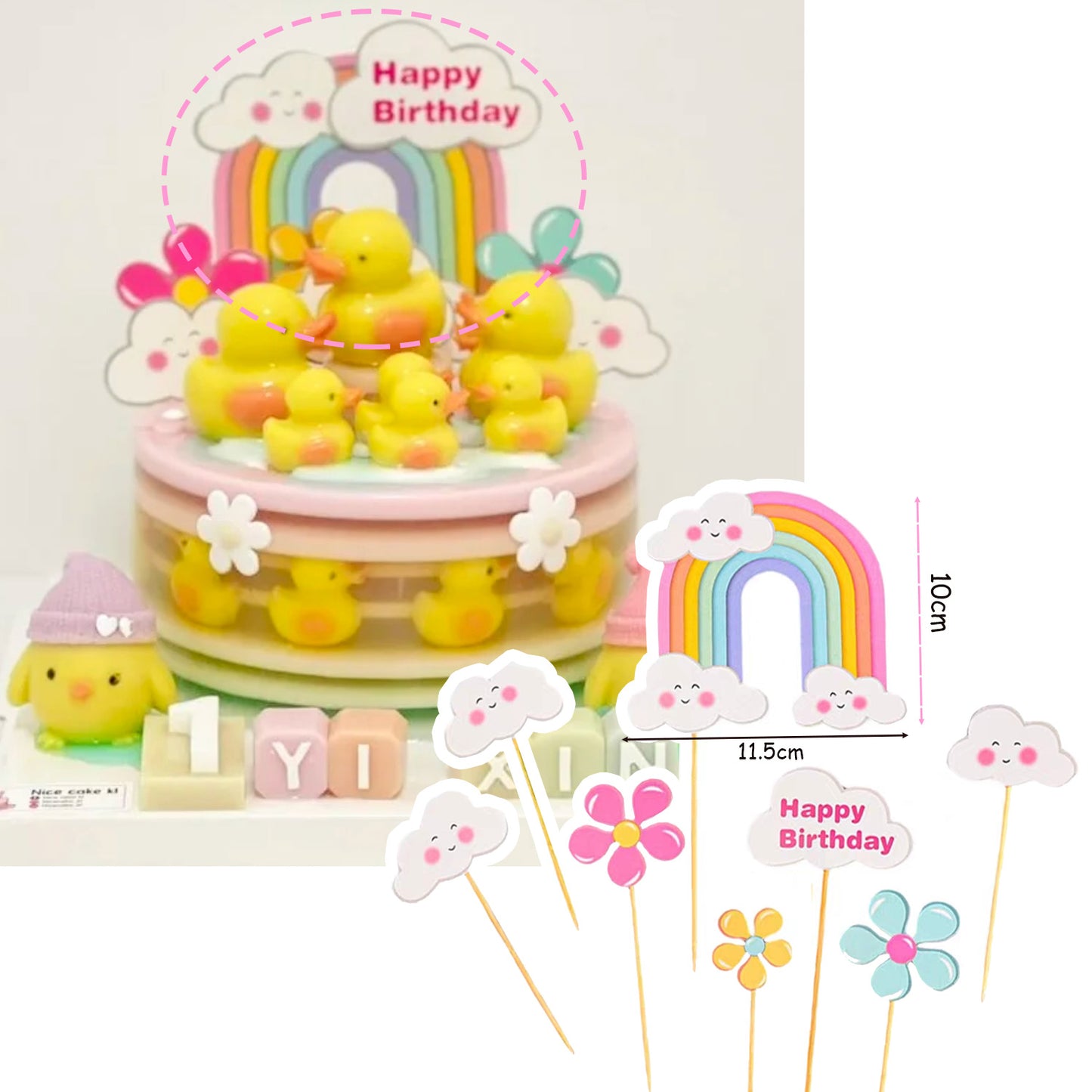Rainbow topper happy birthday blue pink cake topper with ribbon cake decoration