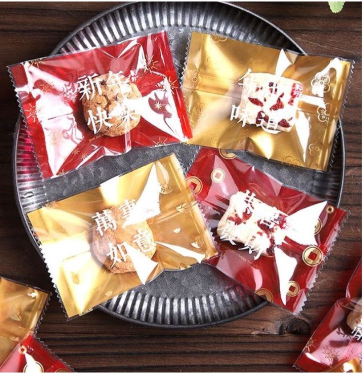 🇸🇬100pcs CNY cookie bag nougat wrapper ineapple tart packaging bag heat sealed plastic bags Fortune cat wrappers