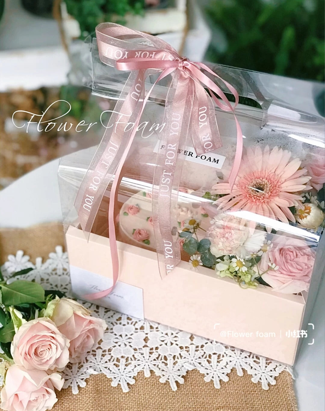 🔥Gift box - Cake & flowers packaging box clear transparent 2 in 1 gift set bouquet box