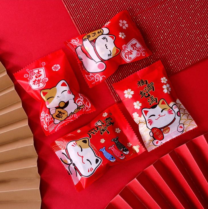 🇸🇬100pcs CNY cookie bag nougat wrapper ineapple tart packaging bag heat sealed plastic bags Fortune cat wrappers