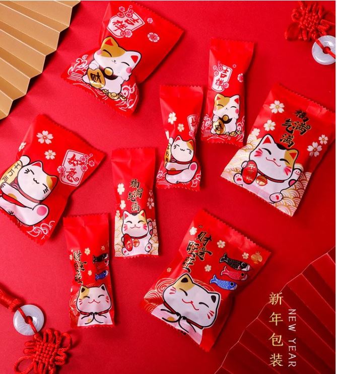 🇸🇬100pcs CNY cookie bag nougat wrapper ineapple tart packaging bag heat sealed plastic bags Fortune cat wrappers