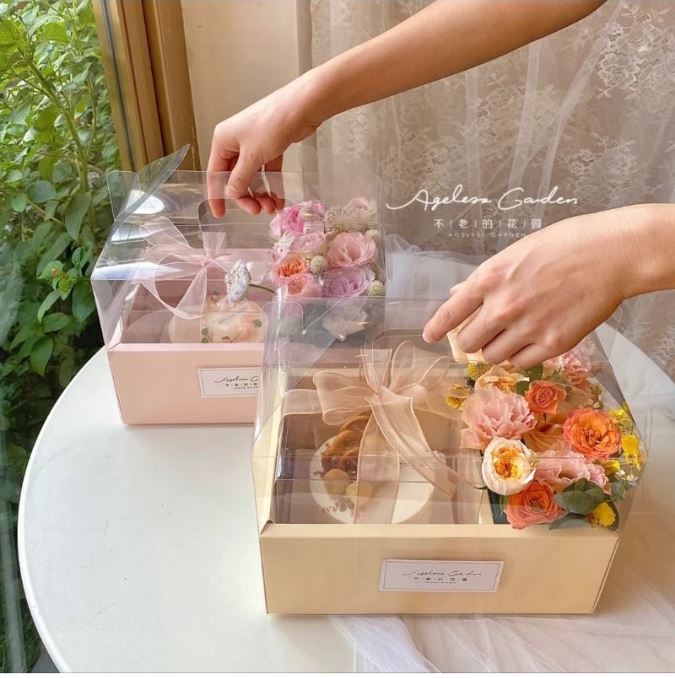 🔥Gift box - Cake & flowers packaging box clear transparent 2 in 1 gift set bouquet box