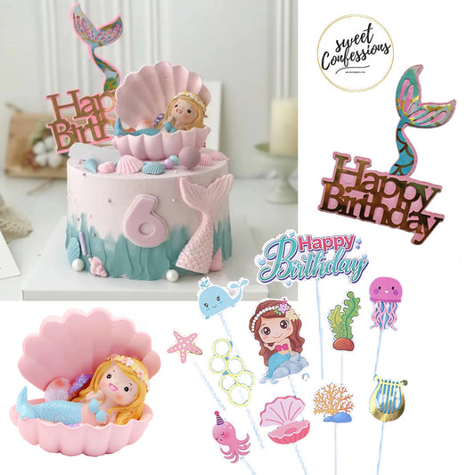 Clam shell mermaid princess cake topper decoration for girl birthday cake