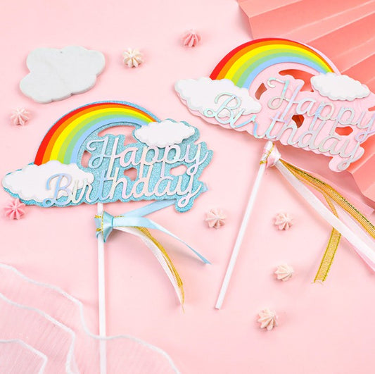 Rainbow happy birthday blue pink cake topper with ribbon cloud star cupcake toppers