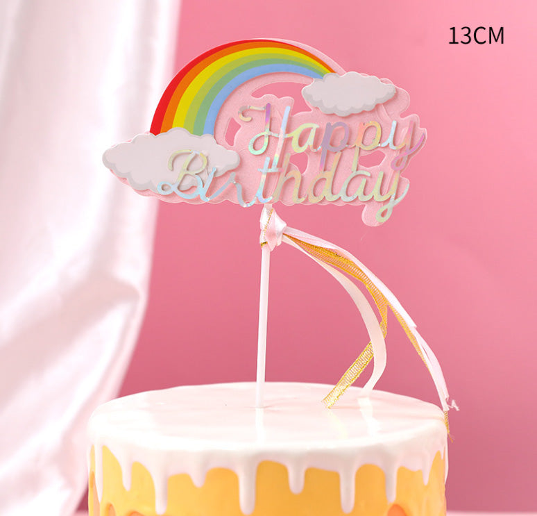 Rainbow happy birthday blue pink cake topper with ribbon cloud star cupcake toppers