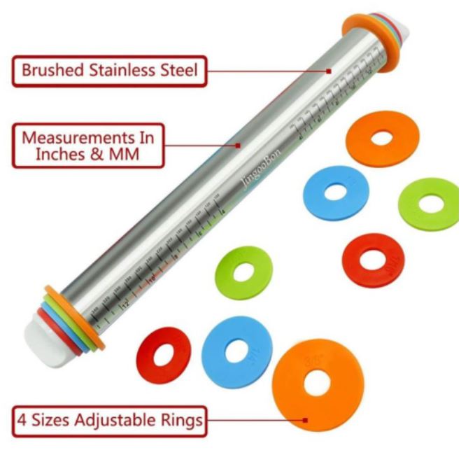 Professional large rolling pin for heavy duty dough or fondant work with interchangeable spacers