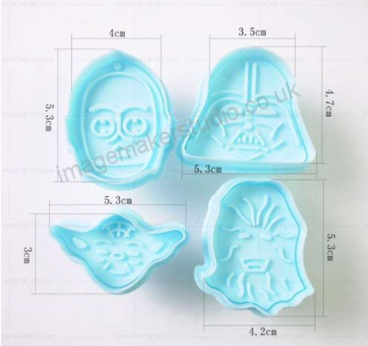 Star wars set of 4 plunger cutters fondant cookie mould darth vader yoda c3po chewbacca presser cut-outs