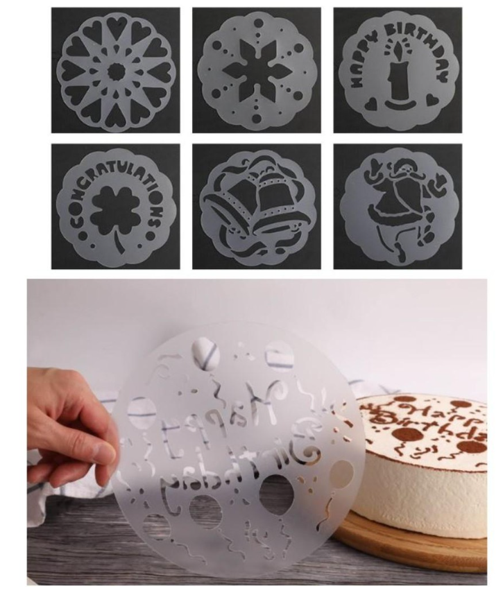 6pcs set Cake decorating Stencil happy birthday Mat tiramisu icing sugar sieve stenciling tool