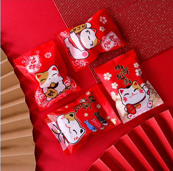 🇸🇬10/100pcs 暴富 CNY cookie box/sealer bag nougat wrapper pineapple tart packaging bag heat sealed plastic bags Fortune cat