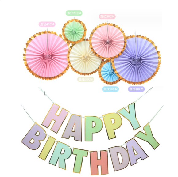 Happy birthday party decoration flag bunting with flower fan