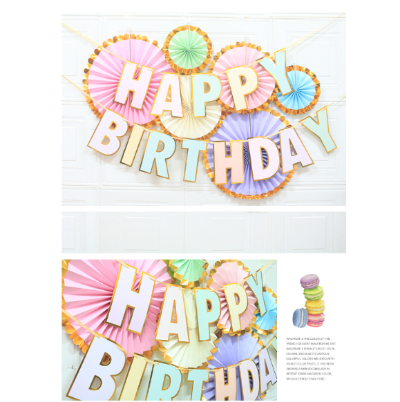 Happy birthday party decoration flag bunting with flower fan