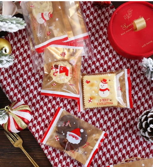 🇸🇬100pcs christmas packaging bag xmas cookie bag merry christmas gift bag red biscuit heat sealed sealer wrapper