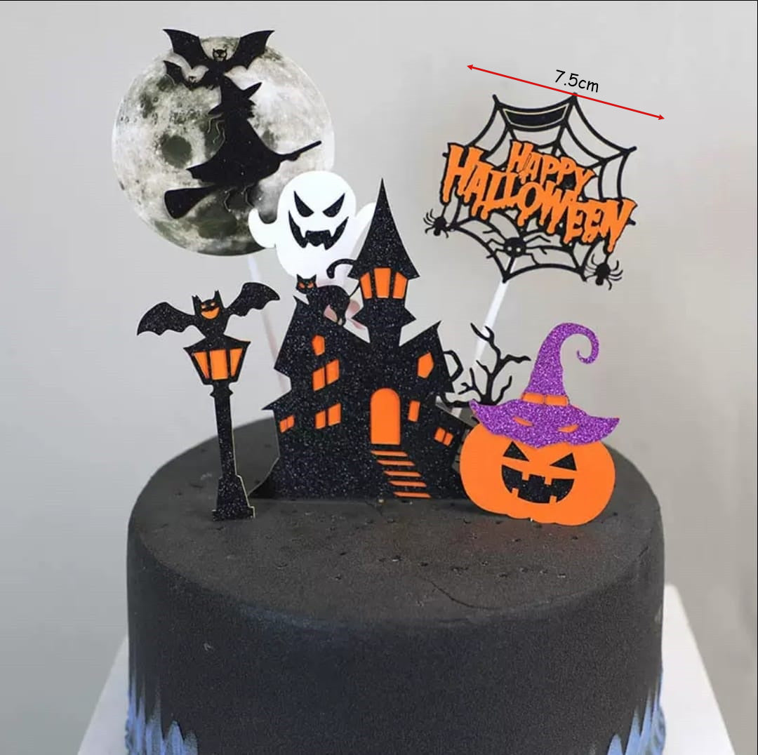 6pcs Halloween cake topper haunted house witch pumpkin cake decoration