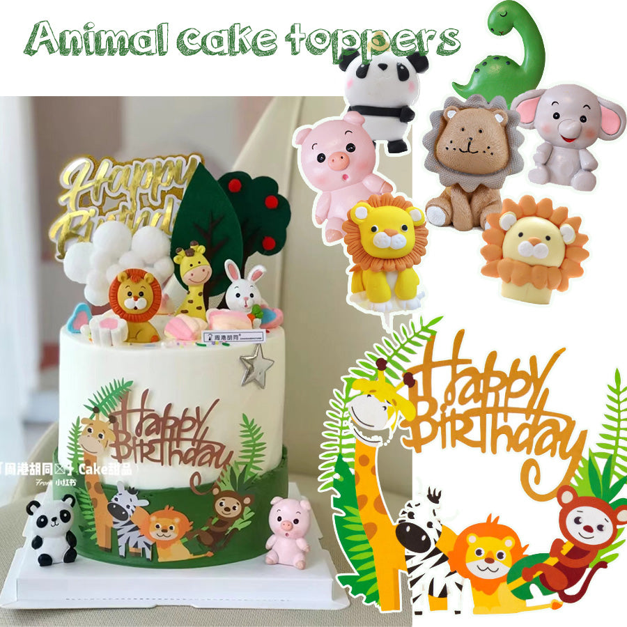Safari animal figurine cake topper in lion giraffe pig elephant fox panda rabbit cake decoration