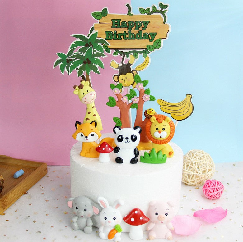 Safari animal figurine cake topper in lion giraffe pig elephant fox panda rabbit cake decoration
