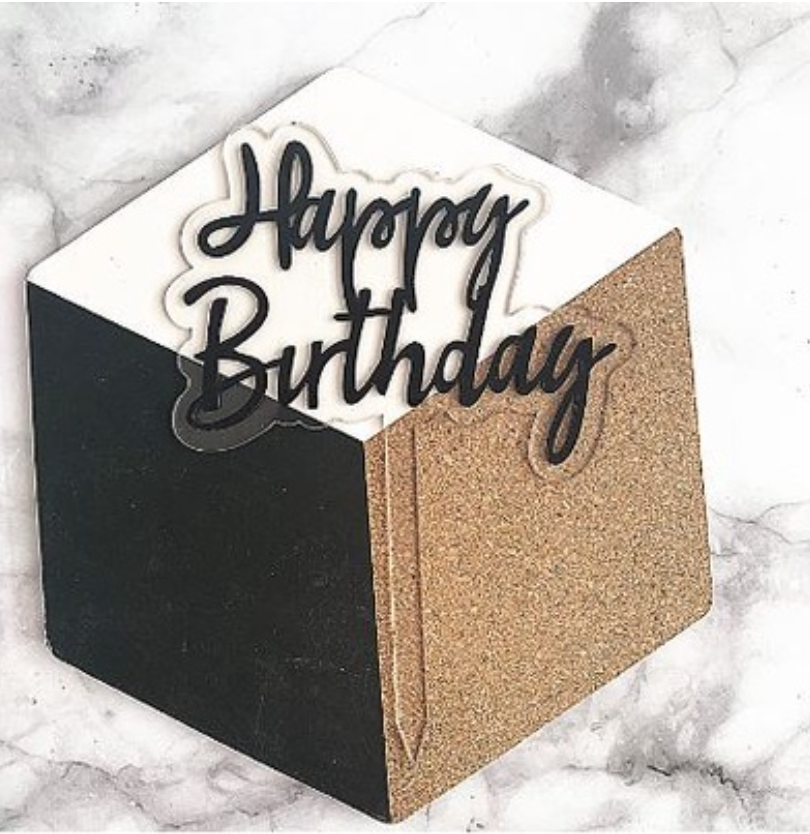Happy birthday topper yellow blue pink black celebration cake gift tag