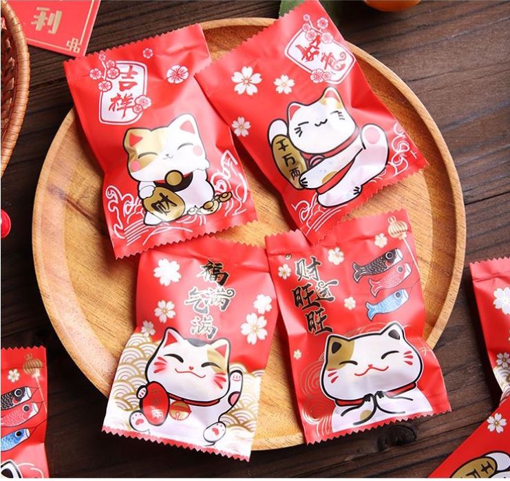 🇸🇬100pcs CNY cookie bag nougat wrapper ineapple tart packaging bag heat sealed plastic bags Fortune cat wrappers