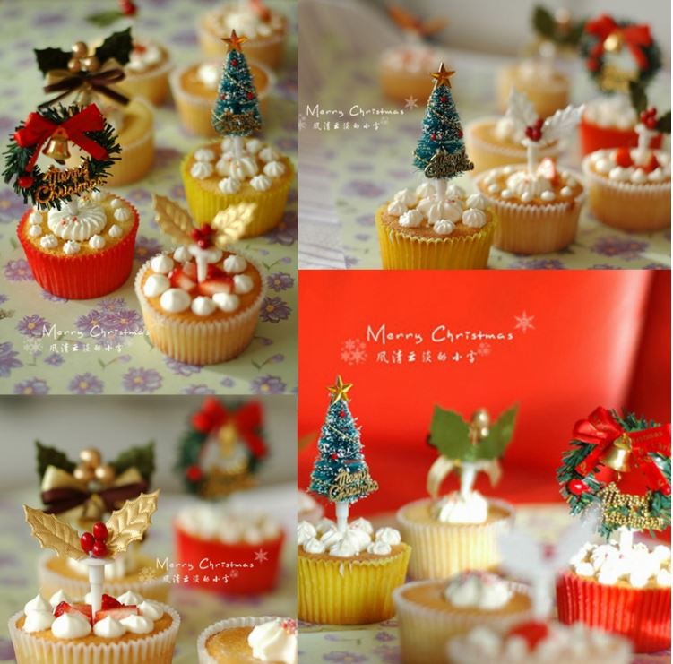 5pcs xmas toppers Christmas topper cake tree wreath cake toppers holly leaf cupcake topper