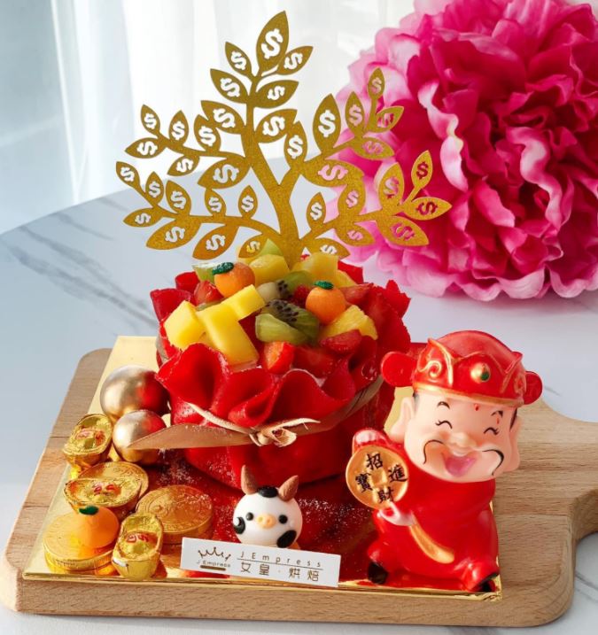 Fortune god cake topper money pulling cake lucky 财神爷 摇钱树 chinese new year auspicious figurine money tree decoration