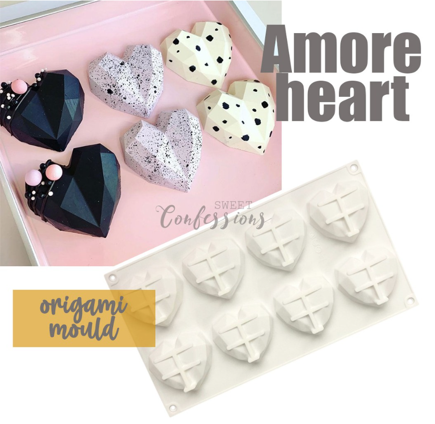🇸🇬🇸🇬 Heart diamond amore origami 8 cavity silicone mould mousse hearts facet angle jelly silicon mold