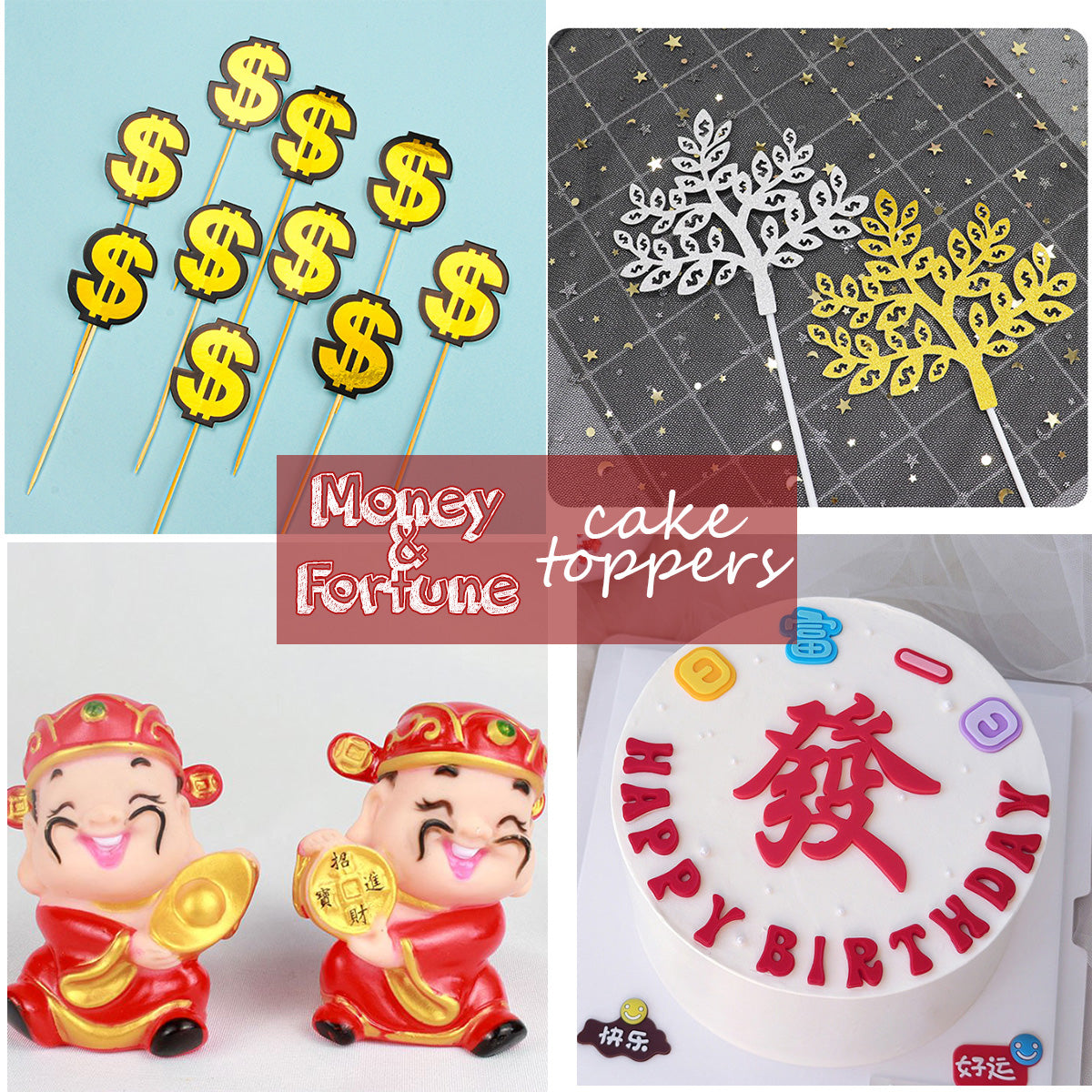 Fortune god cake topper money pulling cake lucky 财神爷 摇钱树 chinese new year auspicious figurine money tree decoration