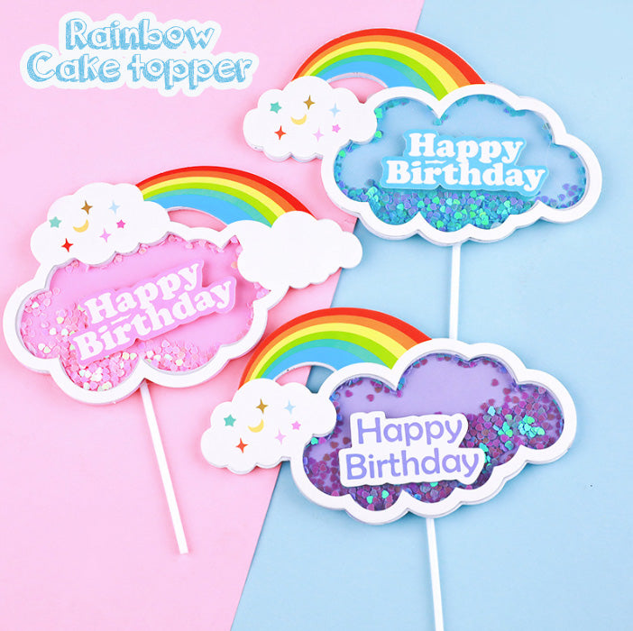 Rainbow happy birthday blue pink cake topper with ribbon cloud star cupcake toppers