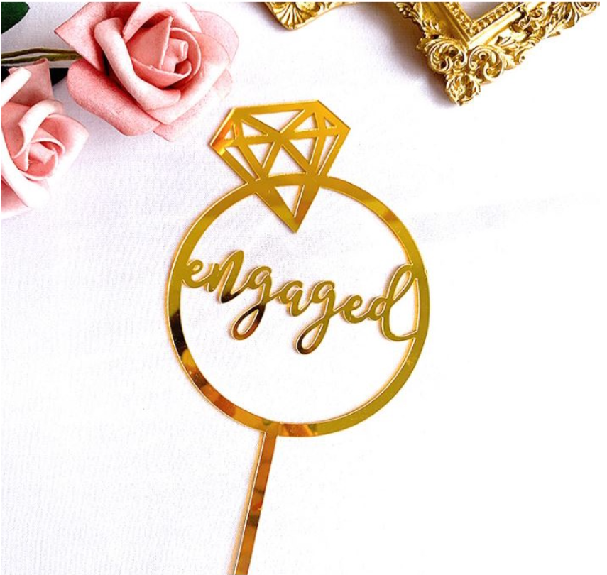 Engagement cake topper wedding ring engaged mr & mrs cake topper decorating cake bride to be plastic acrylic gold tag