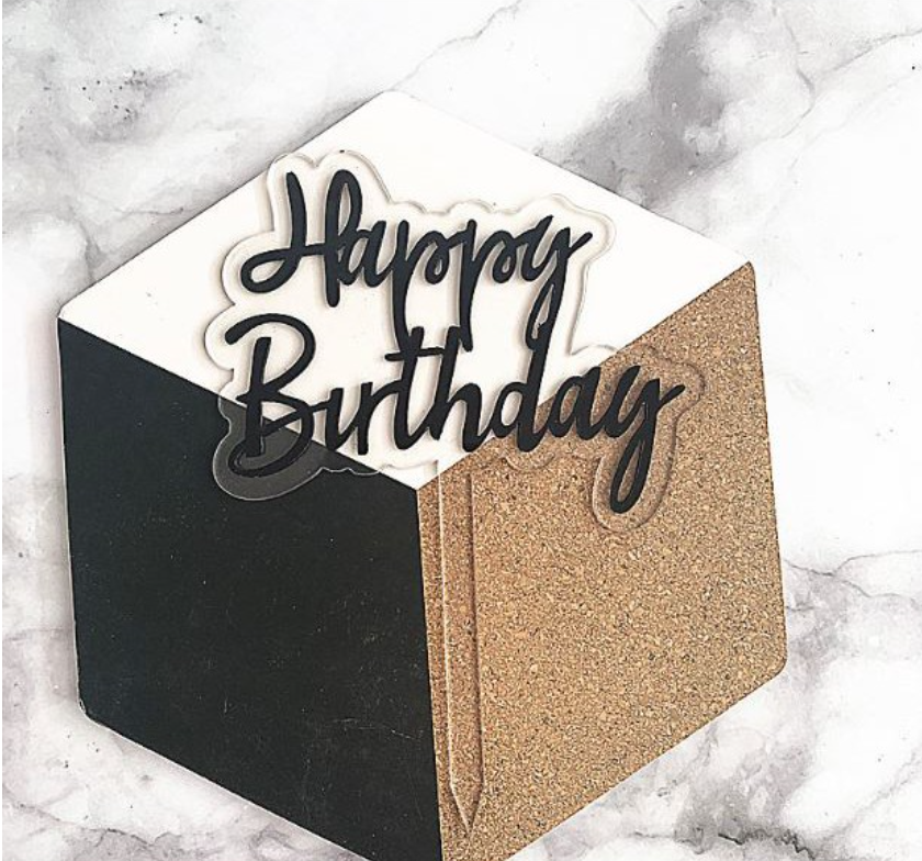 Happy birthday topper yellow blue pink black celebration cake gift tag